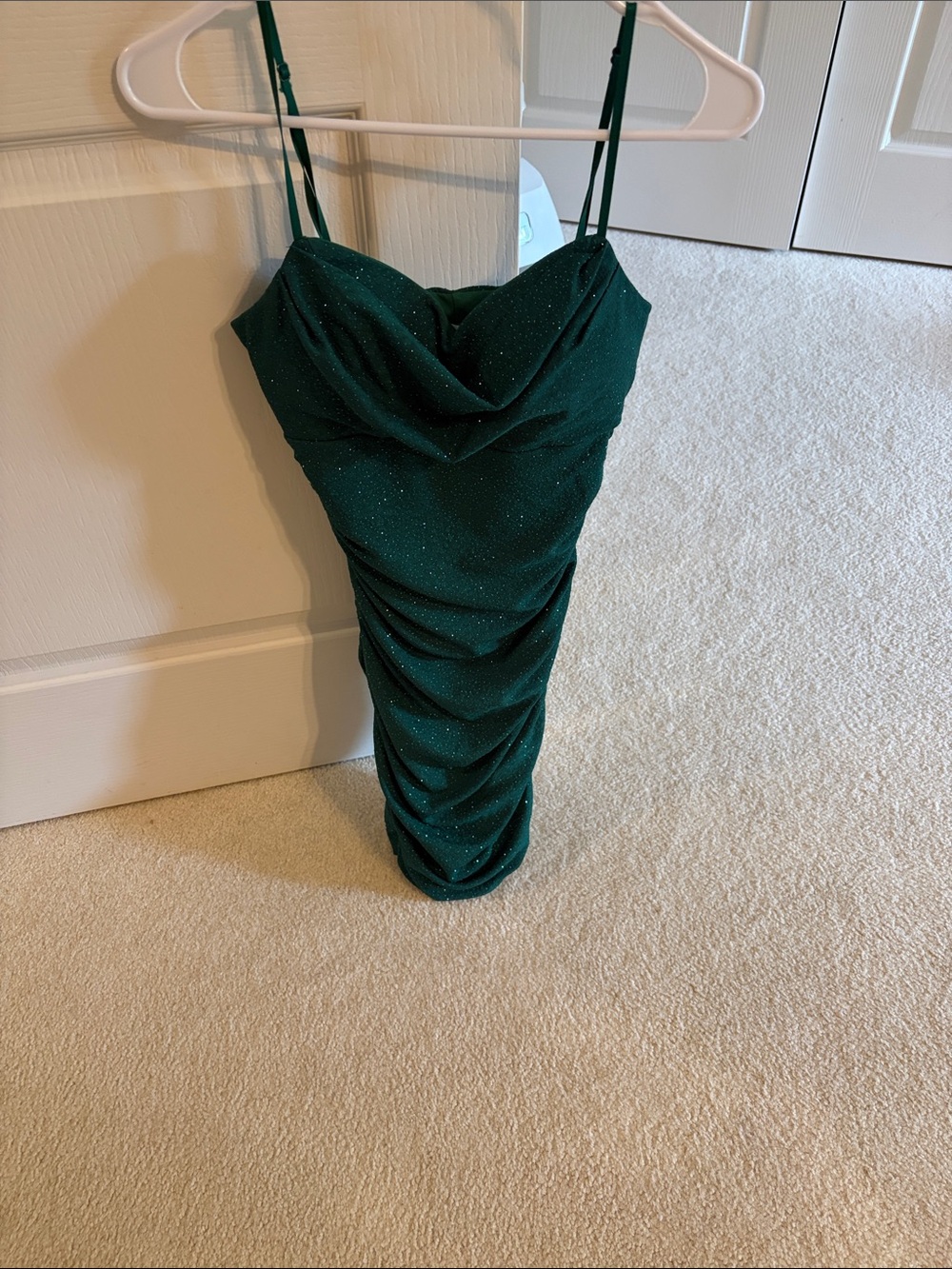 Honey and Rosie Emerald Green Sparkle Ruched Mini Dress